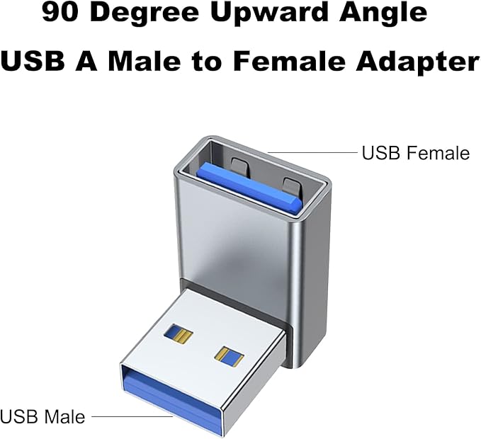 AreMe 90 Degree USB 3.0 Adapter 2 Pack, Upward Angle USB A Male to Female Converter Extender for PC, Laptop, USB A Charger, Power Bank and More (Grey)