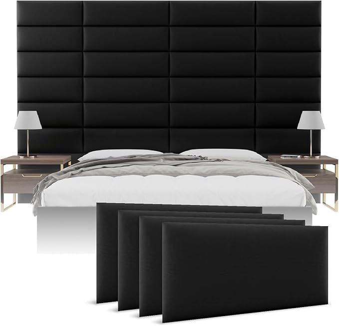 Vänt Upholstered Wall Panels - Queen/Full Size Wall Mounted Headboards - Vintage Leather Jet Black - Set of 4 Panels (Each Individual Panel 30"x11.5")