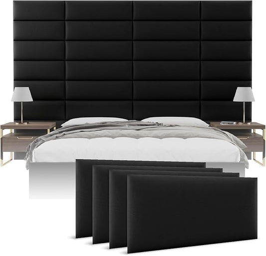 Vänt Upholstered Wall Panels - King/Cal King Size Wall Mounted Headboards - Vintage Leather Jet Black - Twin/King - Set of 4 Panels (Each Individual Panel 39"x11.5")