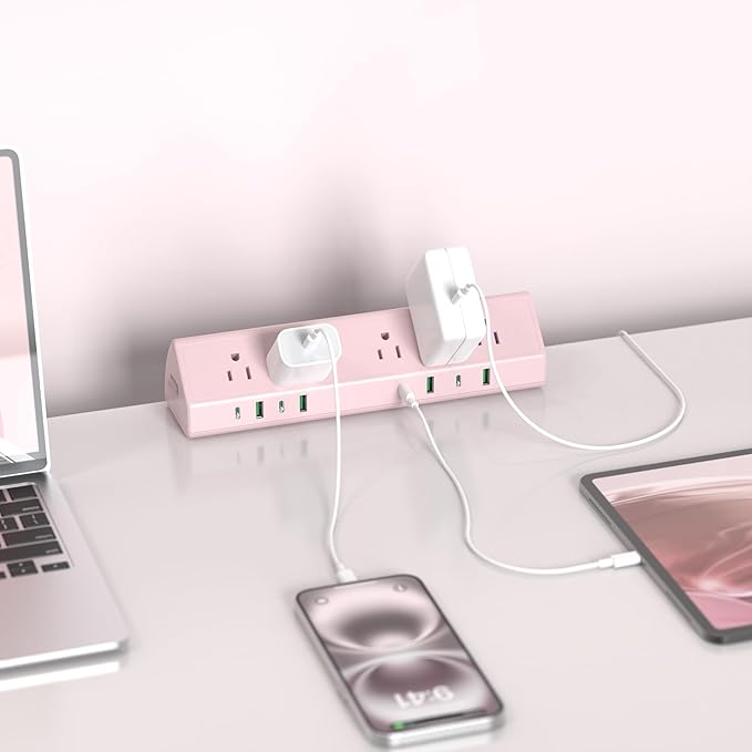 Jgstkcity Desk Clamp Power Strip,45W Fast Charging Station,4 USB-C,4 USB-A,1200J Surge Protector,ETL Listed,1875W Extension Cord,Multiple Outlets for Home, Office (Pink, 10 FT Cable)