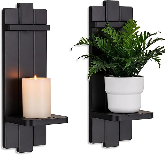 Candle Sconces Black Wall Decor Set of 2 - Wood Wall Candle Holders Set of Two for Small Vase Pillar Candles Tealight - Gothic Distressed Decor for Halloween
