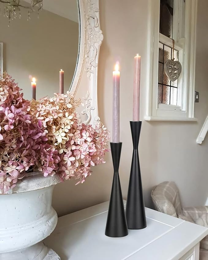 Vixdonos Metal Candle Holders Taper Candlestick Holders Set of 2 Table Decorative Candle Stand for Wedding, Dinning, Party,Home Decor (Matte Black)