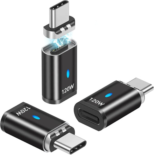 USB C Magnetic Adapter Straight 3 Pack, 120W USB Type C Connector 5Pin with USB2.0 480Mbps Data Transfer, Compatible for MacBook Pro/Air iPad Pro and More USB C Devices, Black