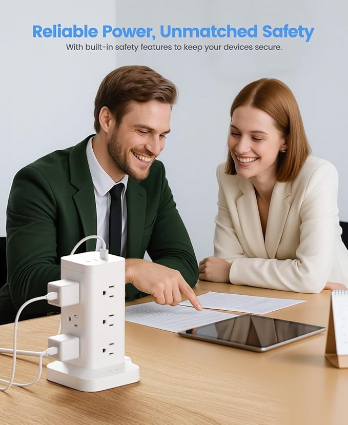 Power Strip Tower with Surge Protector 1800J, Fast Charging Tower PD20W USB-C Ports with 12 AC Outlets, 6ft Extension Cord for Home Office Dorm Room, White