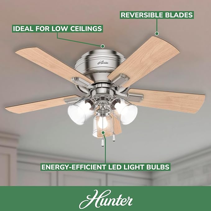 Hunter 42 inch Indoor Ceiling Fan with LED Lights and Pull Chain - Low Profile Mount Ceiling Fan, 5 Blades, For Bedroom, Living Room, or Kitchen, Quiet - Crestfield 52154, Brushed Nickel