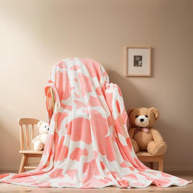 Fleece Cow Print Blanket for All Season - Premium Lightweight Anti-Static Pink and Ivory Throws Travel Blankets Plush Gift for Daughter Mom, Bedroom Decor 51" x 60"(Pink Cow)