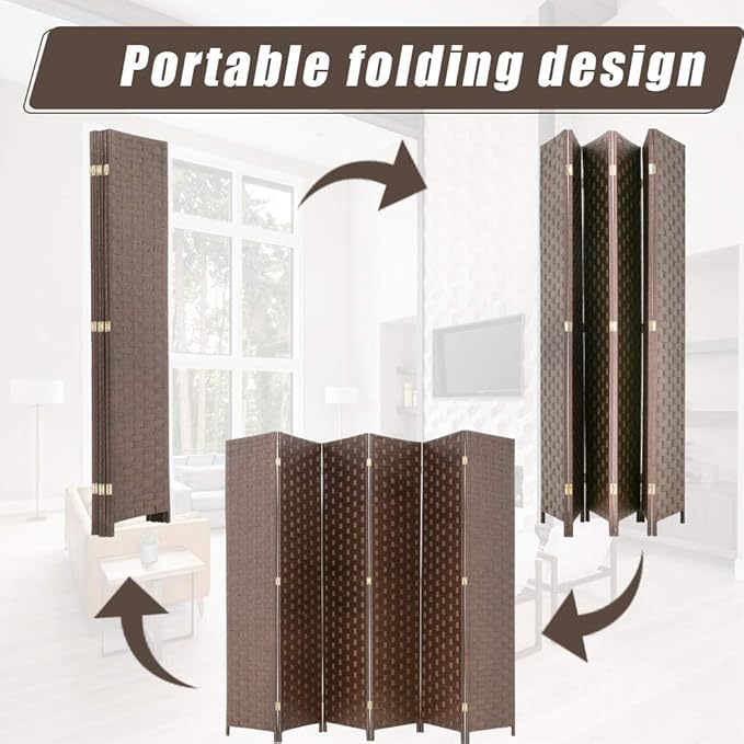 Room Divider Wood Screen 6 Panel Folding Portable Partition Screens Wooden Mesh Woven Design Room Screen Divider for Home Office (Brown)