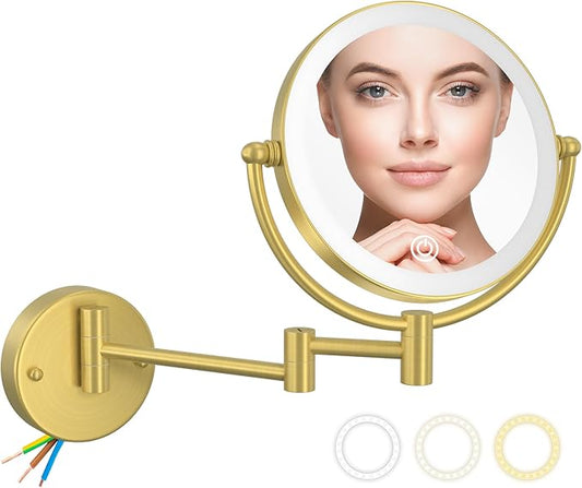 Gold Wall Mounted Makeup Mirror with Light and Magnification 10X, 2 Sided with 3 Color Led Dimmable, 360 Swivel Extension Shaving for Bathroom Hard Wired