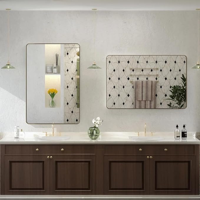24x36 Bronze Bathroom Mirror, Brushed Metal Bathroom Vanity Mirrors for Wall, Modern Rounded Corner Rectangle Mirror for Farmhouse, Bedroom, Anti-Rust (Horizontal/Vertical)