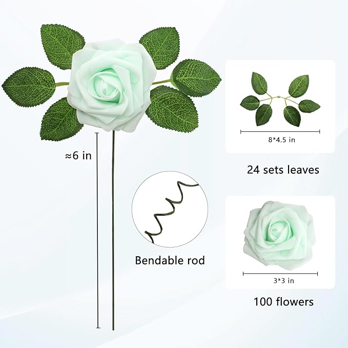 100Pcs Light Green Artificial Flowers Realistic Roses, Real Looking Fake Roses with Stem for DIY Wedding Bouquets Centerpieces Bridal Shower Party Home Romantic Decorations (Light Green, 100pcs)