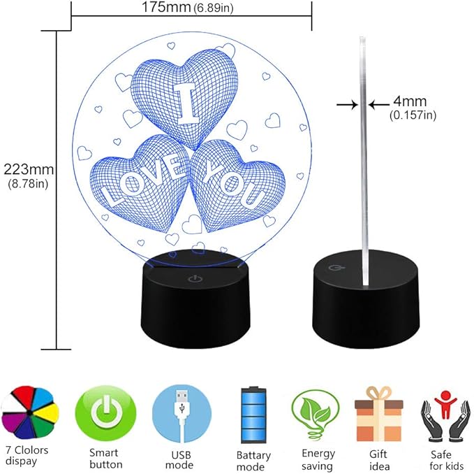 AZIMOM 3D I Love You Illusion lamp LOVE Shape Night Light 16Colors Changing Smart Touch Remote Control Optical Illusion Bedside Lamps Bedroom Home Decoration for Kids Boys & Girls Women Birthday Gifts