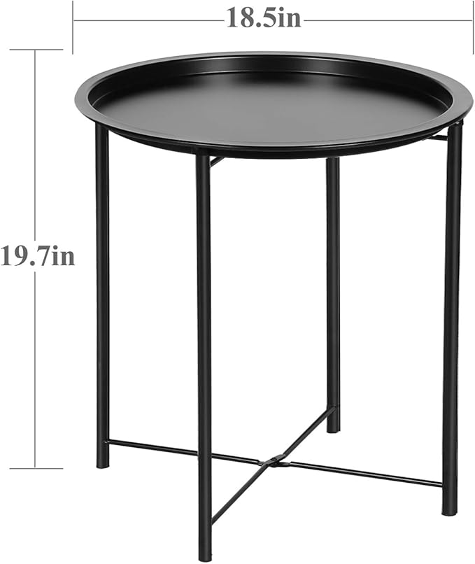 VECELO Side/End Table, Folding Round Metal Anti-Rust and Waterproof Outdoor or Indoor Tray for Living Room Bedroom Balcony and Office, 2 PCS, Black