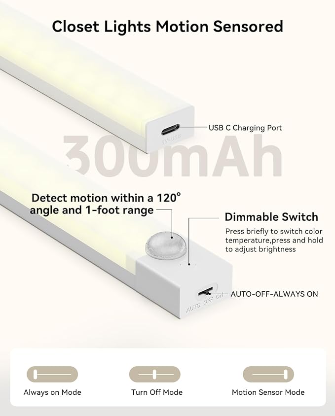 Under Cabinet Lighting 8 Inches Rechargeable Motion Sensor Light Indoor, 3 Color Dimmable Closet Light Battery Operated, USB Stick on LED Magnetic Under Counter Lights for Kitchen Stair, 6 Packs