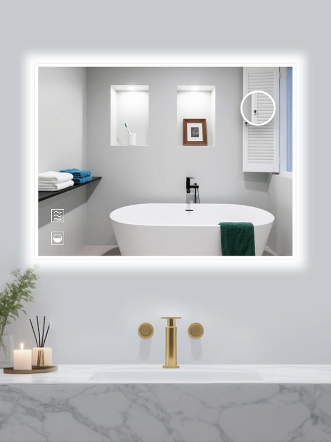 Led Mirror for Bathroom, 24x32 Inch Backlit Mirror with 10X Magnification and Shaver Charging Port, Anti-Fog, Memory Function, 3 Color Temperature, Dimmable Led Bathroom Mirror, Horizontal/Vertical