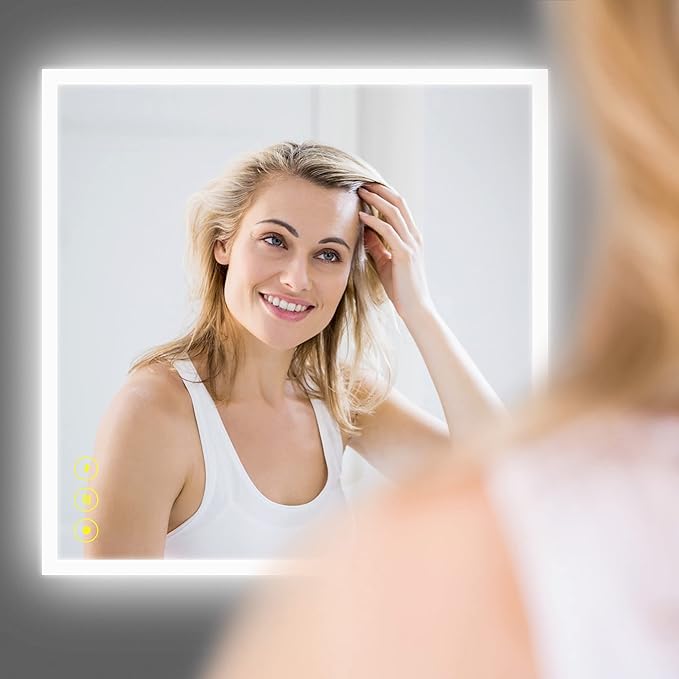 36x36 Inch LED Bathroom Mirror - 3 Colors, Dimmable, Anti-Fog, Wall Mounted Smart Vanity Mirror