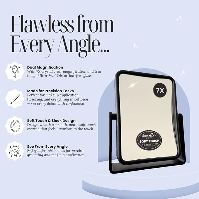 Danielle Creations 6.75-Inch Magnifying Vanity Makeup Mirror Rectangular Soft Touch Finish with 7X Magnification and 360 Swivel, Black