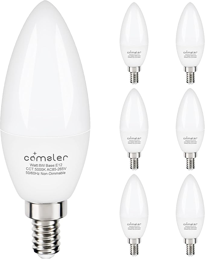 comzler 6W Candelabra LED Bulb, Small Base E12 LED Bulb 60 Watts Equivalent,Chandelier Light Bulbs Type B Light Bulb Daylight 5000K, Pack of 6, Non-Dimmable