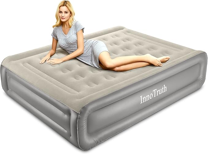 InnoTruth Raised Air Mattress with Built-in Pump, Elevated Inflatable Mattress with Carrying Bag for Home and Camping, Queen Size Blow Up Bed, Gray, Queen(80"x60"x18")