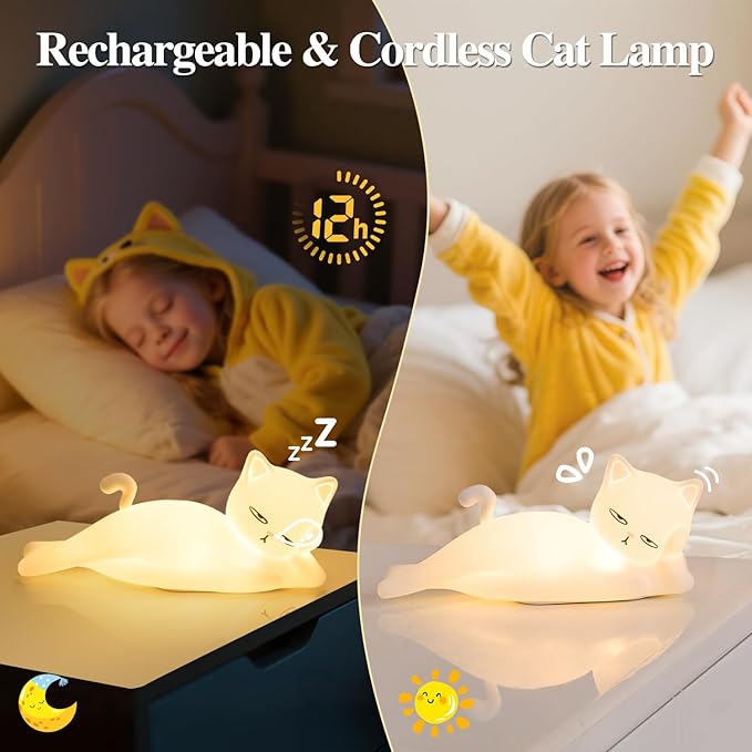 Lying Flat Cat Lamp Cat Gifts, 16 Colors+5 Dimming+Silicone Cute Lamp, Touch+Remote Control+Rechargeable Night Light for Kids, Fun & Cool Weird Stuff Random Stuff, White Elephant Gifts for Adults/Kids