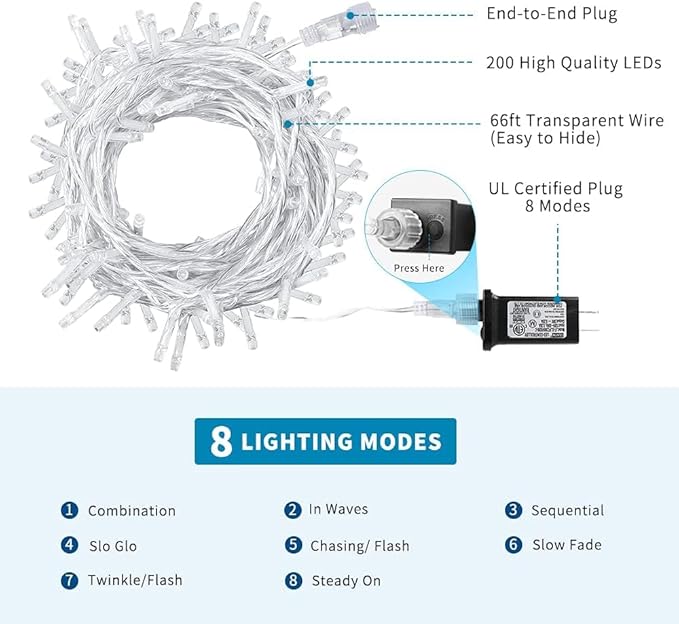 Christmas String Lights, 66FT 200 LEDs White Chritsmas Tree Lights Indoor String Lights 8 Modes with End-to-End Plug Fairy Lights Decoration for Indoor Outdoor, (Clear Wire)
