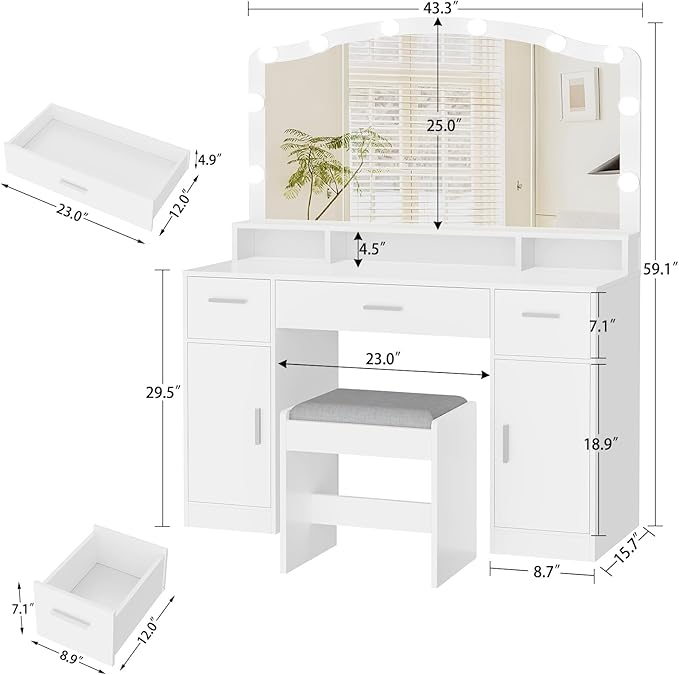 usikey 43.3” Vanity Desk with Large Mirror and Lights, Makeup Vanity with 3 Lighting Color Adjustable, Dressing Table Set with Storage Cabinet, Drawers and Chair for Girls Bedroom, White