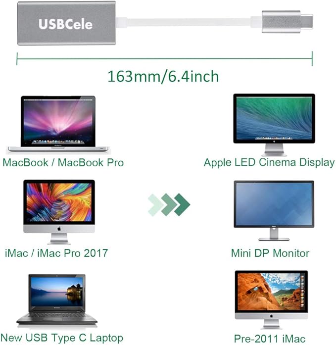 USB-C (Thunderbolt 3) to Mini DisplayPort Adapter, USB Type C to Mini Display Port 4K Cable Adapter for MacBook Pro, iMac, LED Cinema Display and More