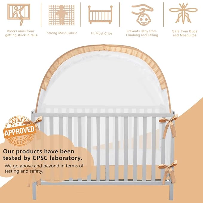 Pop Up Baby Crib Tent, Safety Tent to Keep Toddler from Climbing Out, Canopy Against Falls and Bites, Netting with Breathable & Soft Mesh, Orange (R07-orange)