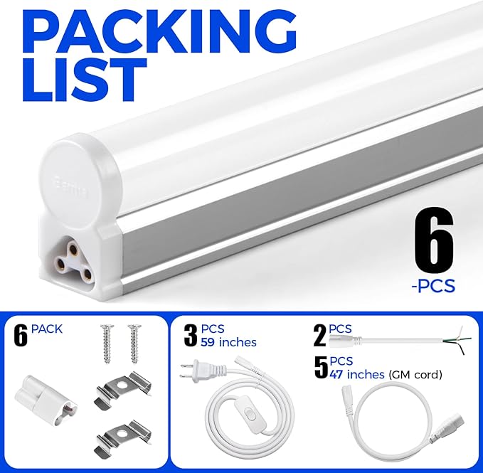 Barrina (Pack of 6 LED T5 Shop Light 3FT, 6500K Super Bright White, Utility Shop Lights, Commercial Bay Light, ETL Listed, Corded Electric with Built-in ON/Off Switch