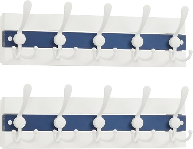 SKOLOO Coastal Wall Mounted Coat Rack - 17" Beach House Entryway Wooden Coat Hook with 5 Hooks for Hanging Coats, Hats or Towels, Oceanfront Cottage Core Collection, White & Blue, Pack of 2
