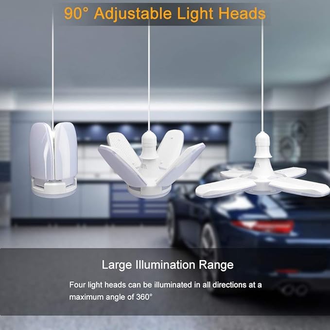 (8 Packs) LED Garage Lights, 60W Trilights Ceiling, High Low Bay Deformable Adjustable 4 Led Light Bulbs 6000LM 6000K, Screw in Tribright Garage Lighting Fixture,CRI80 Daylight