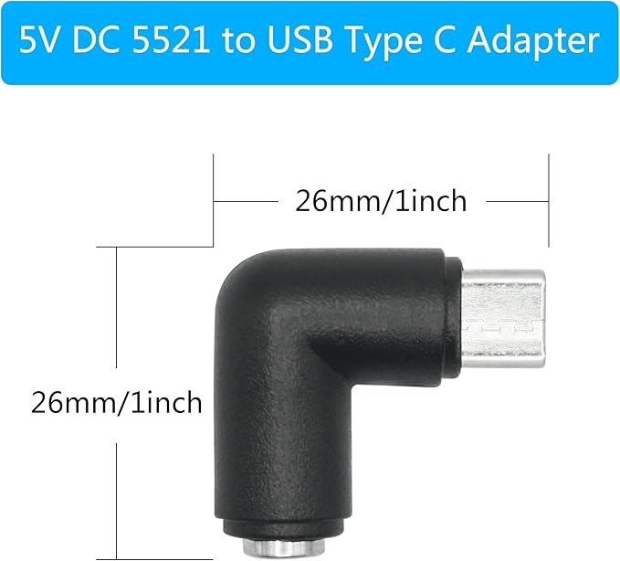 4Pcs DC 5.5mm x 2.1mm to USB C Adapter, 90 Degree Right Angle DC 5521 Female to USB Type C Male Plug Convert Connector 5V Power Supply Adapter