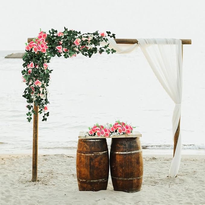 RECUTMS 4pcs Hanging Rose Flower Artificial Plants 32-in Fake Ivy Vine with 30 LED Fairy String Lights Outdoor UV Resistant Plastic Roses for Home Room Wedding Decor (Champagne)