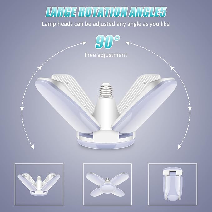 LED Garage Lights 4 Pack, New Upgrade 80W Deformable Shop Lights with 4 Adjustable Panels, E26/E27 LED Ceiling Light, 8000LM 6500K Hight Bay Light for Basement Warehouse Workshop
