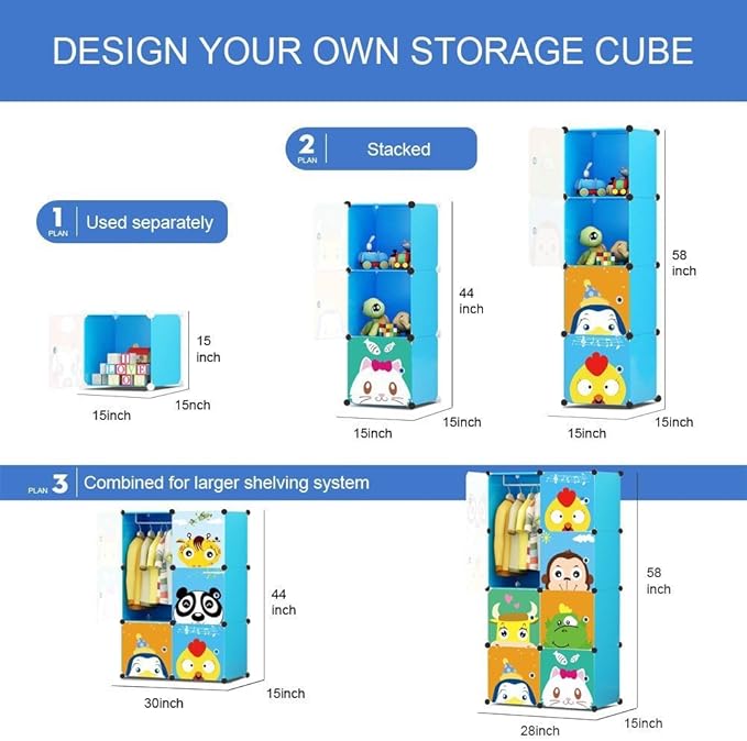 MAGINELS Children Wardrobe Kid Dresser Cute Baby Portable Closet Bedroom Armoire Clothes Hanging Storage Rack Cube Organizer(Blue, 6 Cube & 1 Rod)