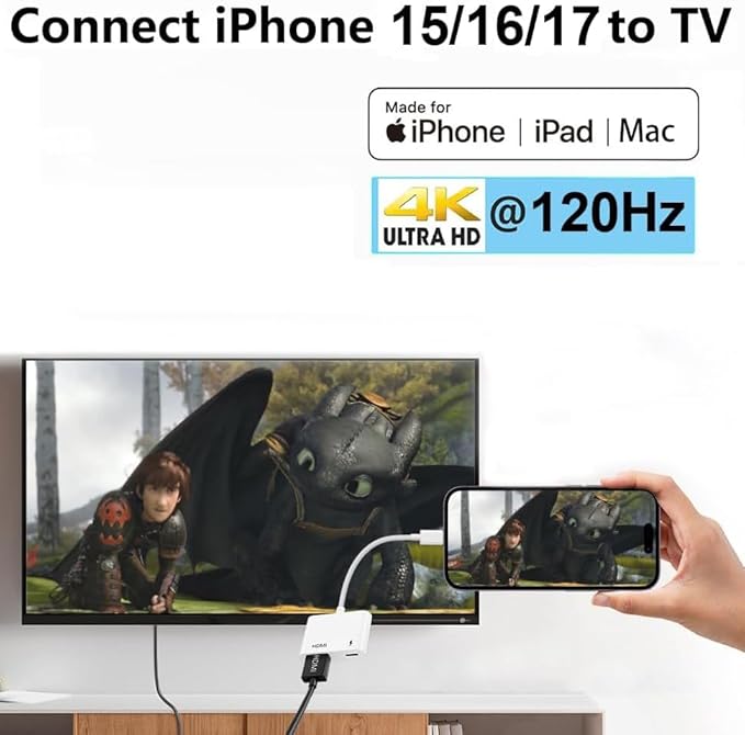 Apple USB-C to HDMI Adapter 4K@120Hz for iPhone 15 16 17 MacBook Pro Air iPad Pro, MFi Certified USB 3.1 Type C Digital AV HDMI 2.0 Cord Compatible with Samsung Galaxy S25/S24/S23 and More
