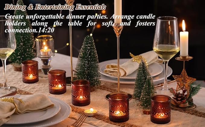 15Pcs Glass Votive Candle Holders, Amber Tea Light Candle Holders Vintage Fall Tealight Candle Holder Bulk for Autumn, Thanksgiving Table Centerpieces, Christmas Decor (Amber)