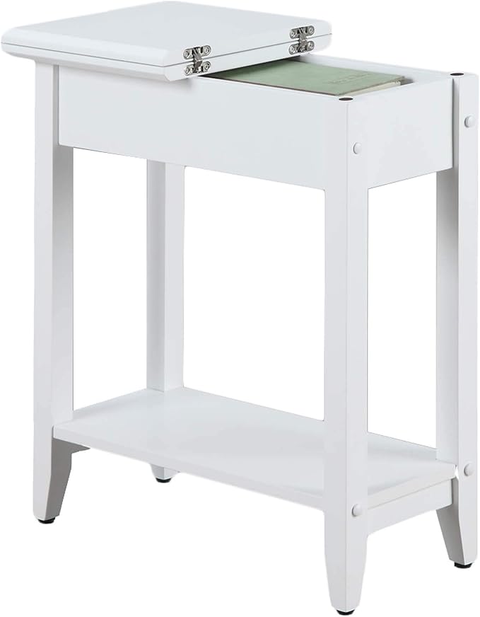 Convenience Concepts American Heritage Flip Top End Table 23.25" - Classic Narrow Chairside Accent with Hidden Storage & Lower Shelf for Traditional, Modern Living Room, White