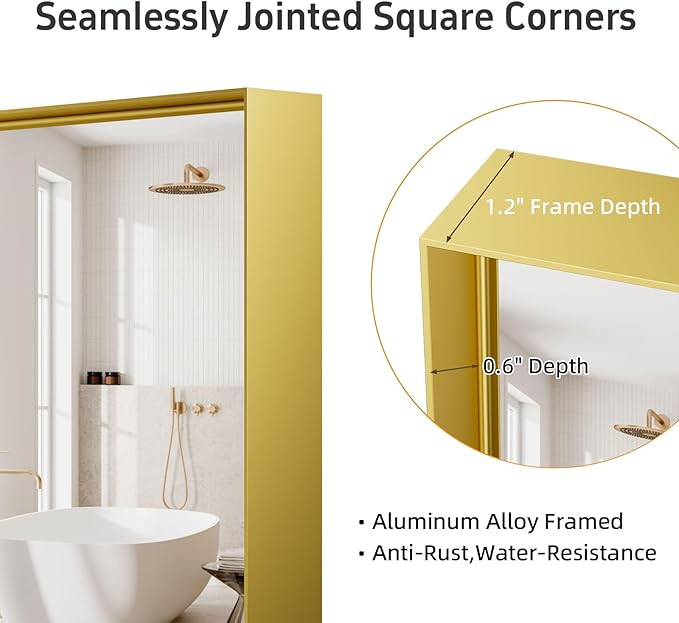 16x24 inch Gold Bathroom Mirrors for Over Sink, Metal Framed Wall Rectangle Mirror, Small Modern Bathroom Vanity Mirror, HD Tempered Glass Wall Mirror(Horizontal/Vertical)
