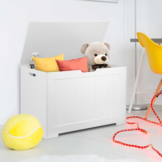 Toy Box Storage Chest for Girls Boys, Wooden Trunk Bench w/Flip-top Lid & Safety Hinge, Kids Play Room Nursery Organizer, Bedroom Storage w/ 100L Storage Area (White)