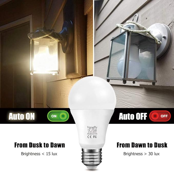 Vgogfly Dusk to Dawn Light Bulb 7W Smart Dusk Till Dawn LED Photo Sensor Bulbs E26 Base Socket Outdoor Indoor Lighting Lamp Auto On/Off (Cool White, 3-Pack)