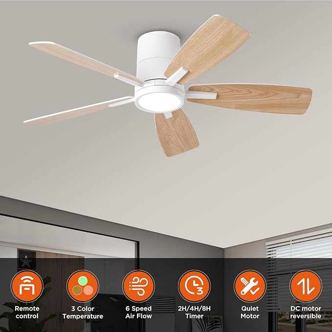 TALOYA 42 inch Ceiling Fans with Lights Remote Control, Modern Low Profile Ceiling Fan with Ultra Quiet Reversible DC Motor,Flush Mount Ceiling Fan for Bedroom Living Room