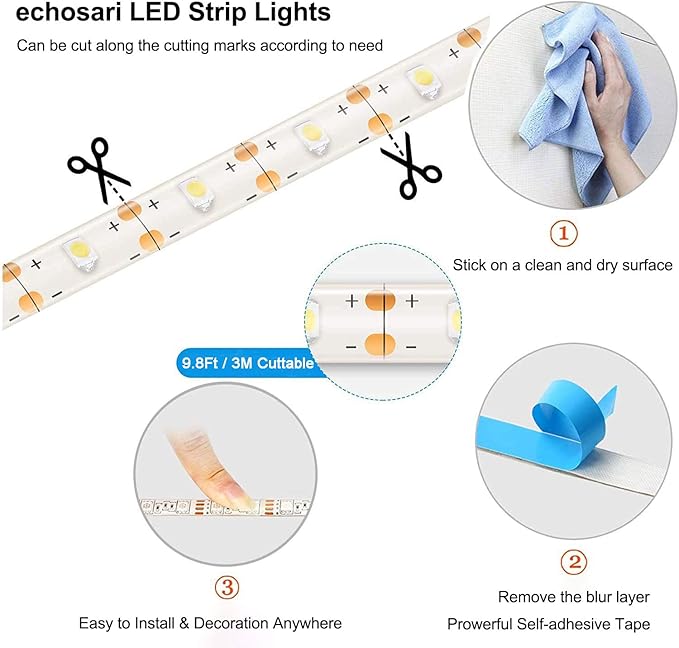 echosari 9.8FT 90Led RGB Strip Lights Battery Powered Remote Control, 8 Modes, Dimmable, Timer, Self-Adhesive, Cuttable, Waterproof, for TV Computer Monitor/Screen Decor