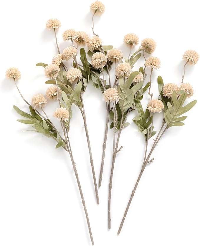 Ling's moment Pompon Mum Artificial Flower, 5pcs Faux Silk Mini Chrysanth with Stems, Bulk Fake Wedding Filler Flowers for DIY Bouquet Centerpieces Arrangements Shower Decorations, Beige