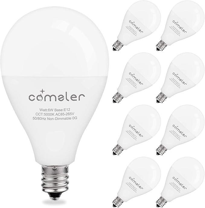 comzler LED Ceiling Fan Light Bulbs, A15 LED Light Bulb, 60 Watt Equivalent E12 Candelabra Base Light Bulbs, Daylight 5000K, 600LM, CRI > 80, Non-dimmable, 8 Pack