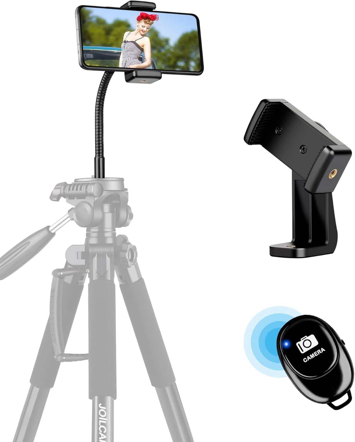Phone Tripod Mount Adapter with Adjustable Gooseneck and Remote, Flexible Arm Universal Cell Phone Holder for Recording