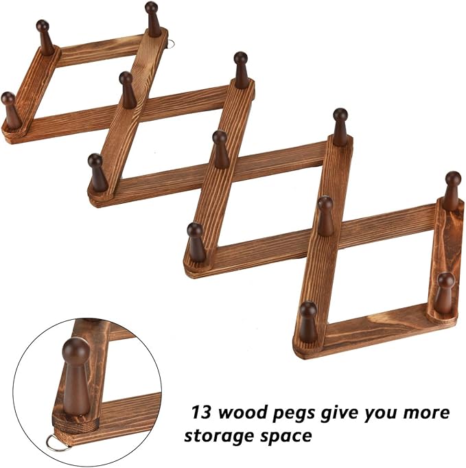 Homode Vintage Wood Expandable Peg Rack- Multi-Purpose Accordion Wall Hangers with 13 Hooks for Hats, Coat, Mugs, Scarf, Jewelry Storage