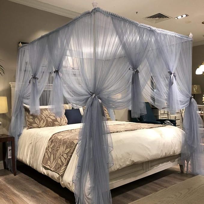 Joyreap 4 Corners Post Canopy Bed Curtain for Girls & Adults - Royal Luxurious Cozy Drape Netting - Cute Princess Bedroom Decoration Accessories (Gray-Blue, King)