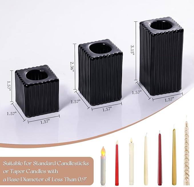 LETINE 12pcs Black Vertical Stripe Glass Candlestick Holders - Chic Taper Candle Sticks Holder Set for Elegant Dining & Home Decor - Ideal Candle Holders for Wall,Living Room,Bedroom, Kitchen Decor