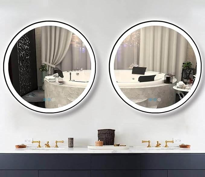 30 Inch Black Framed Round LED Mirror for Bathroom Wall Mounted 30" Black Round Lighted Vanity Mirror with Lights Black Frame Antifog Smart Momery Dimmable 3 Color Frontlights
