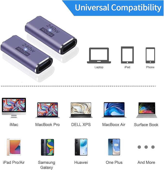 240W USB C Coupler (2 Pack), USB Type C Female to Female Adapter Extender Compatible with Thunderbolt 4/3 Support up to 240W Charging, 40Gbps Data Transfer and 8K@60Hz Video